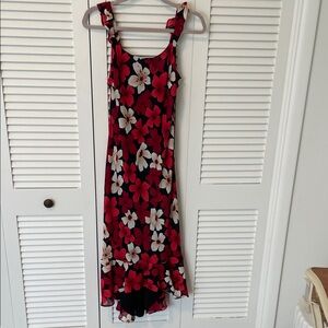 CDC Floral Ruffle-Hem Slip Dress in Black, Red & Cream